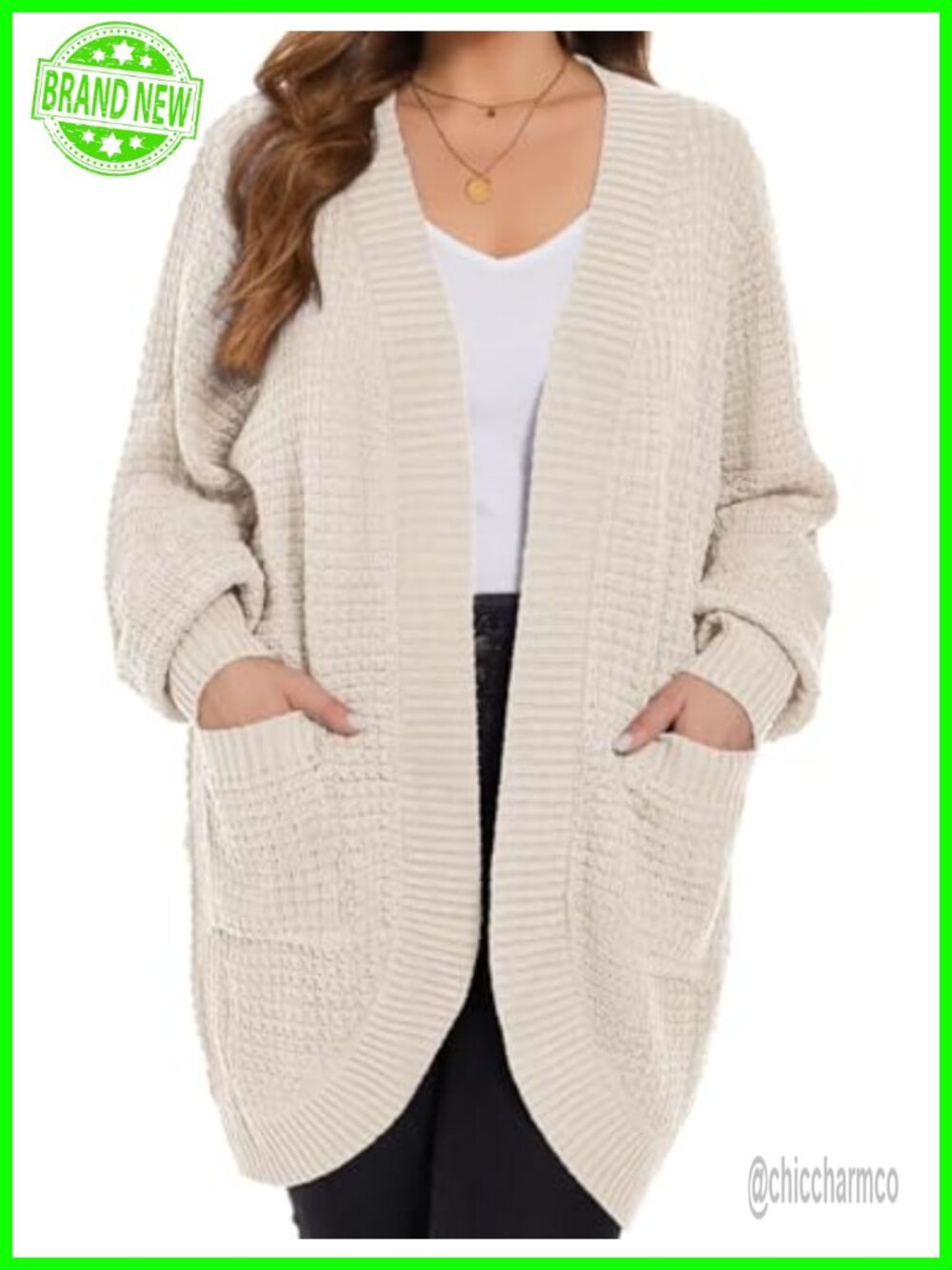 Plus Size Waffle Knit Open Front Cardigan Long Sleeve Sweater with Pockets